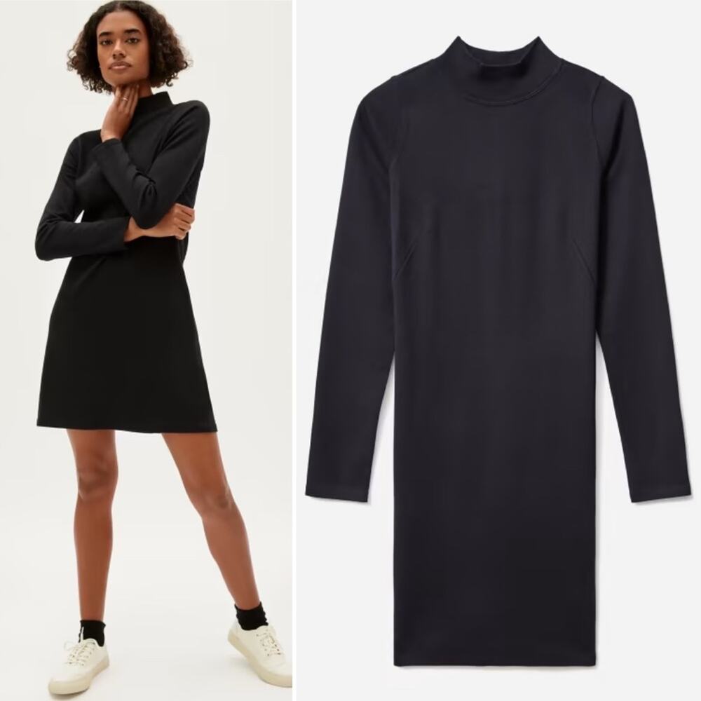 EVERLANE The Cotton Mockneck Dress in Black Long Sleeve Mini Length Small NEW